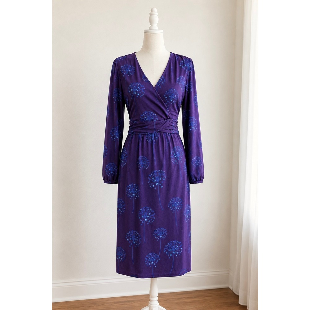 Boden Purple Dandelion Print Faux Wrap Jersey Midi Dress Boho Long Sleeve / 12